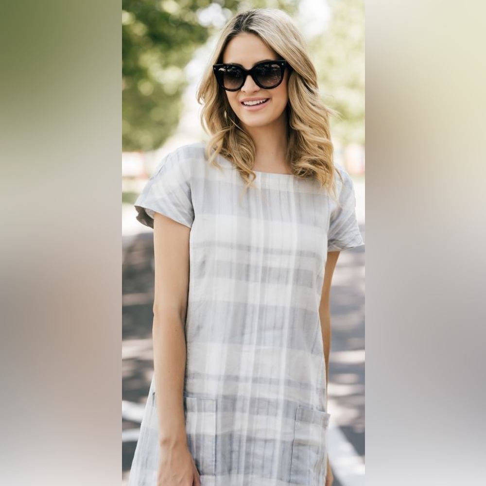 Eileen Fisher Dress Size L Gray Plaid Airy Organic Linen Cotton
